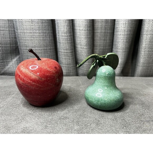 VTG Italian Marble Alabaster Stone Fruit Red Apple Green Pear Stem Lot - Picture 2 of 16